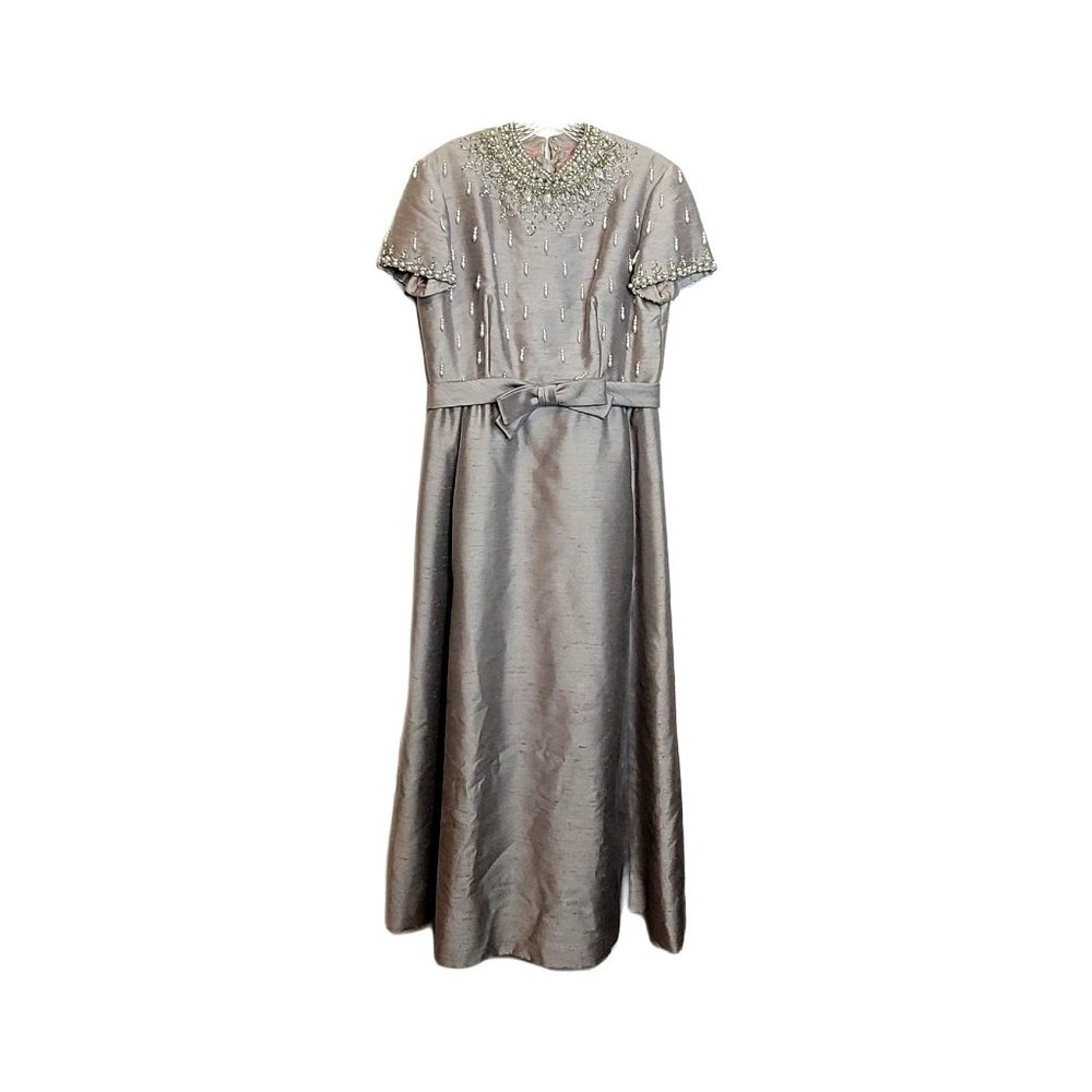 MCM Mother of the Bride Dress Gray Beaded Jeweled Long Pockets Size Med Vtg 12